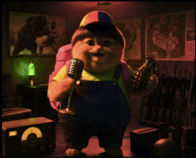 Harold with grenade and microphone